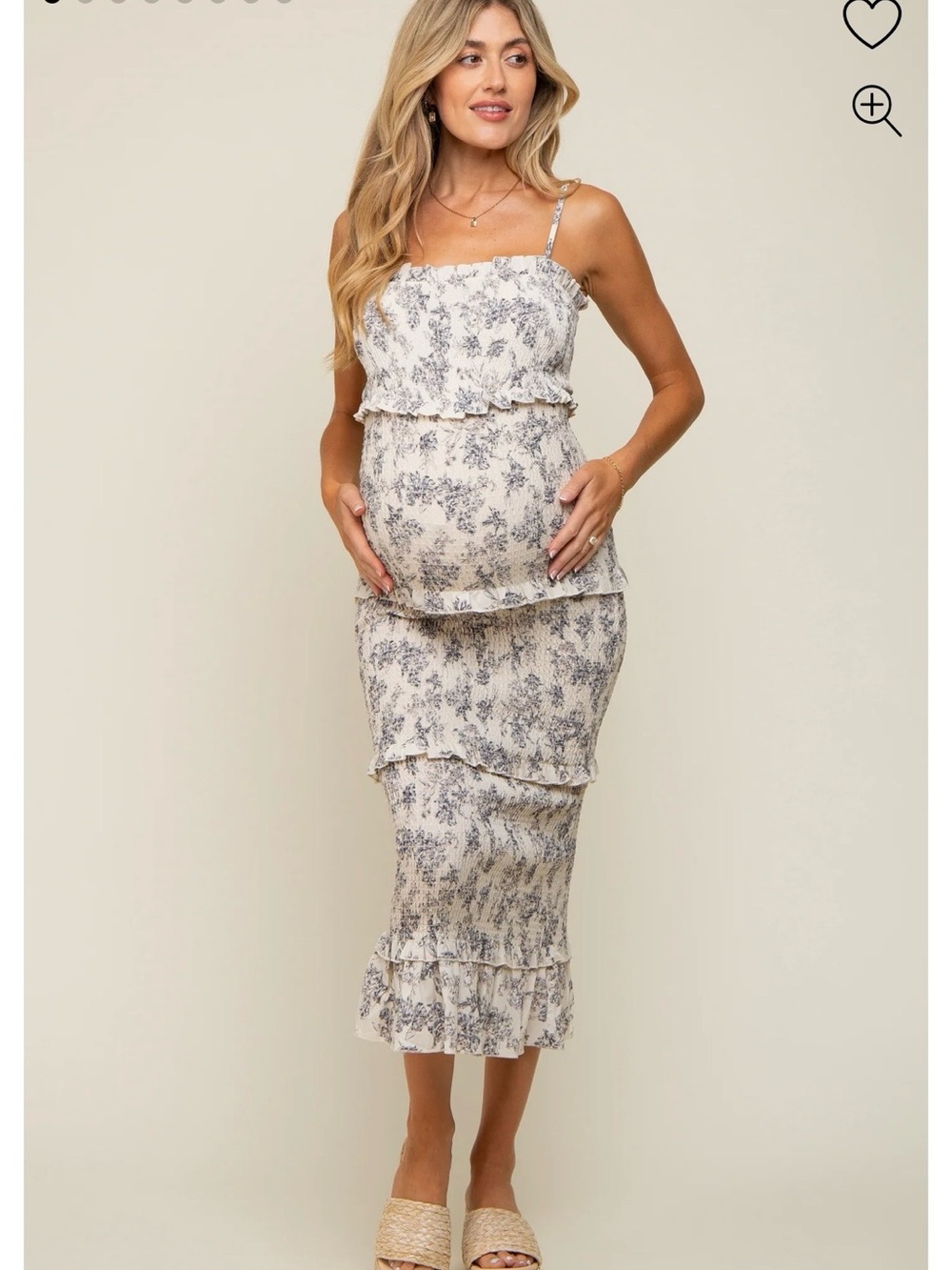 Pinkblush Cream Floral Smocked Fitted Maternity Midi Dress